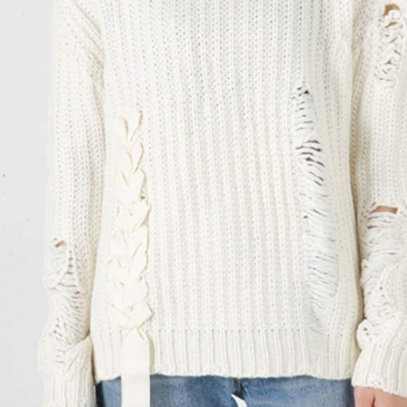 Moussy ribbon sweater beige chunky knit ripped - Picture 3 of 13